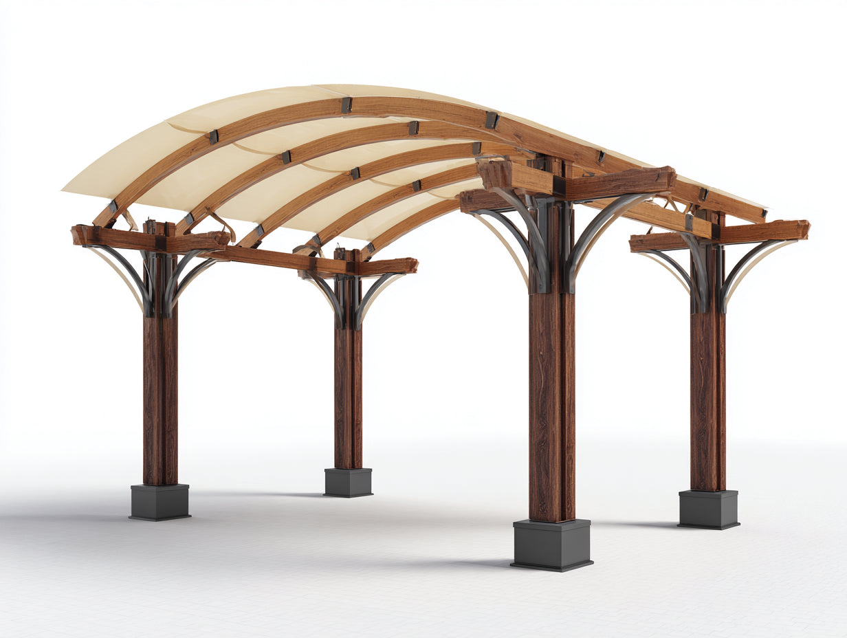 Pergola da giardino in legno 440x330x250 cm - marrone scuro-grigio-crema - adatta per esterno - design elegante con copertura curva