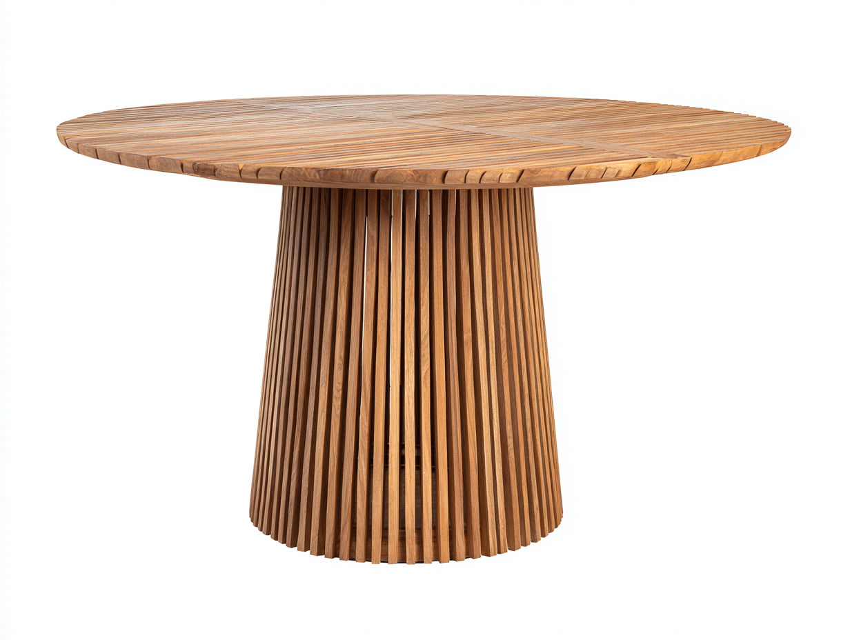 Tavolo da giardino rotondo in legno 140x140x75 cm - marrone naturale - adatto per esterno - design moderno con base scanalata
