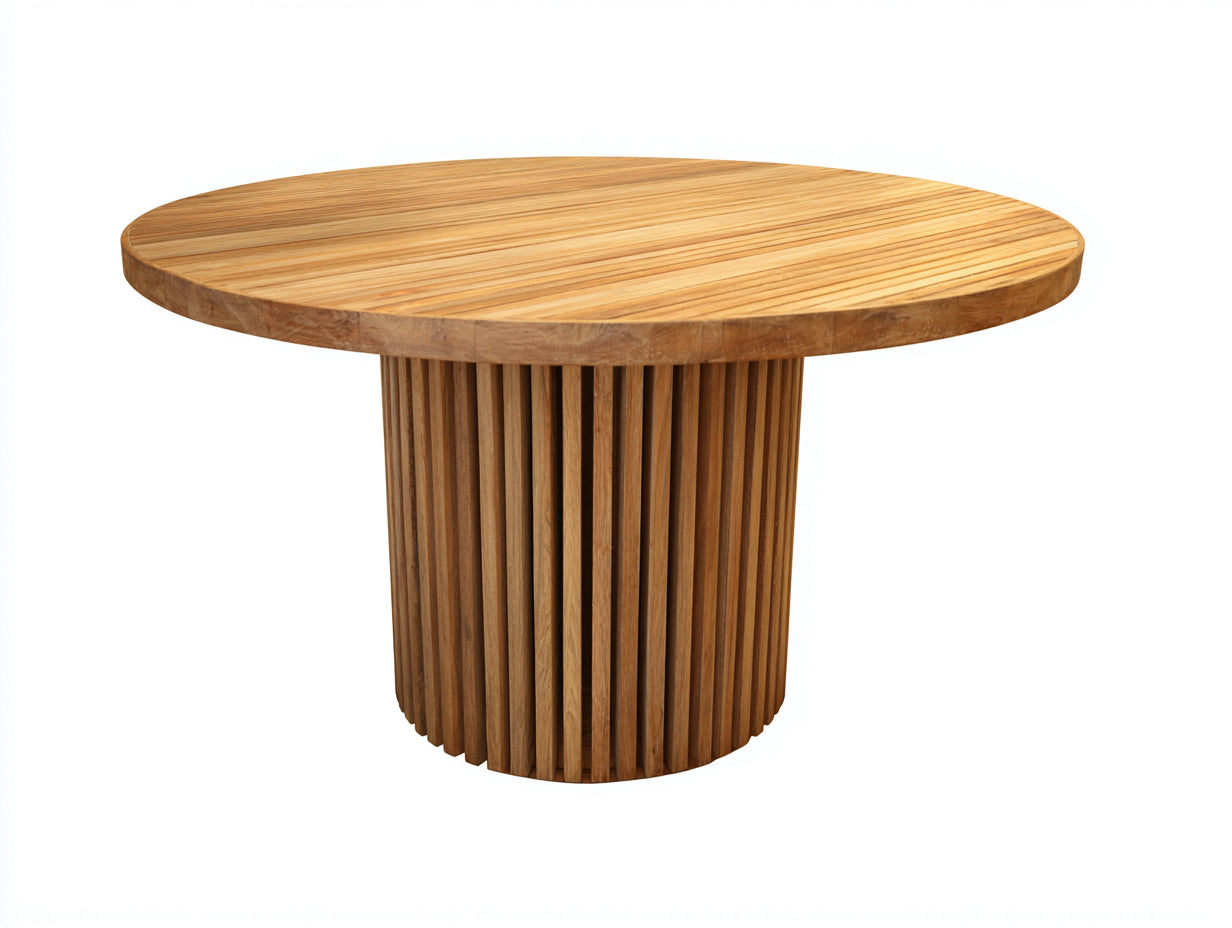 Tavolo da giardino rotondo in legno 130x130x75 cm - marrone naturale - adatto per esterno - design moderno con base scanalata