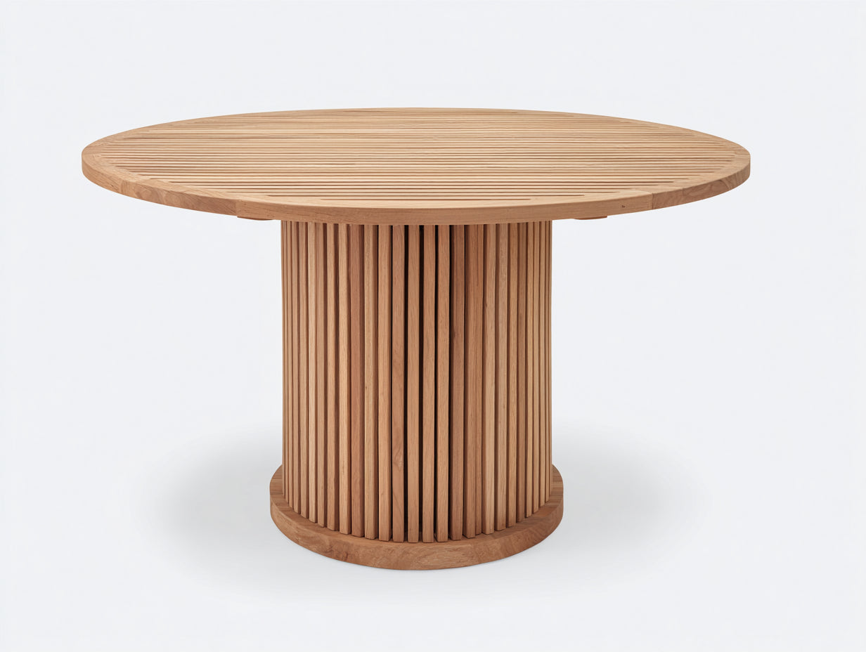 Tavolo da giardino rotondo in legno 130x130x75 cm - marrone naturale - adatto per esterno - design moderno con base scanalata