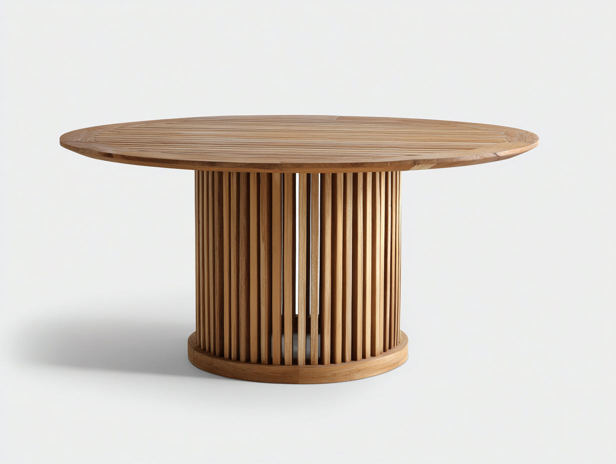 Tavolo da giardino rotondo in legno 135x135x75 cm - marrone naturale - adatto per esterno - design moderno con base a doghe