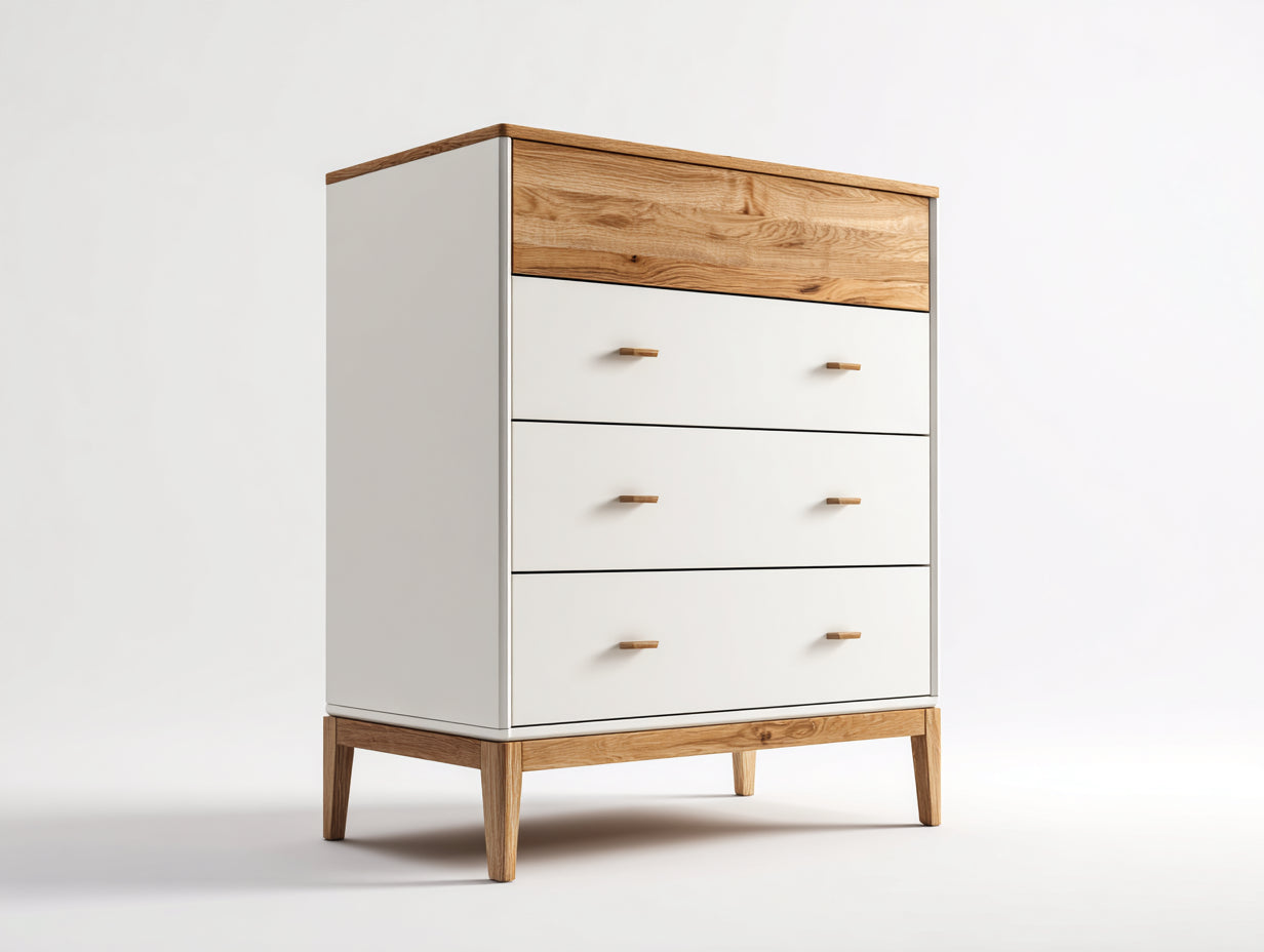 Cassettiera in legno bianco e naturale 90x45x115 cm per camera da letto - stile moderno