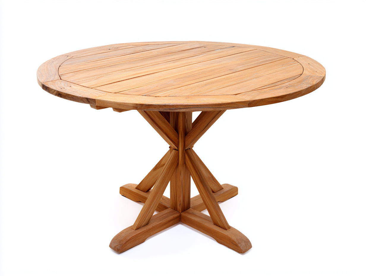 Tavolo da giardino rotondo in legno 120x120x75 cm - marrone naturale - adatto per esterno - design classico con base a croce