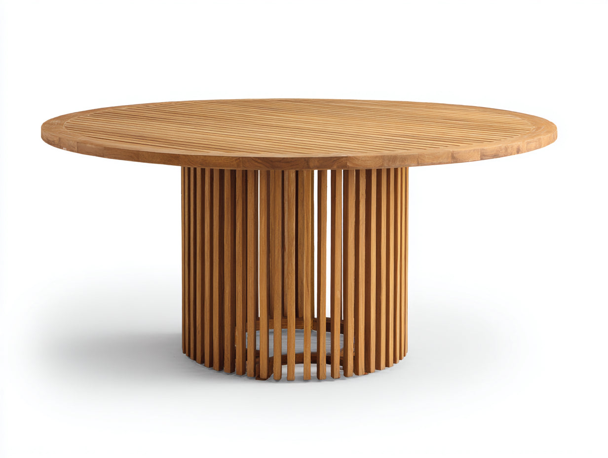 Tavolo da giardino rotondo in legno 140x140x75 cm - marrone naturale - adatto per esterno - design moderno con base a doghe