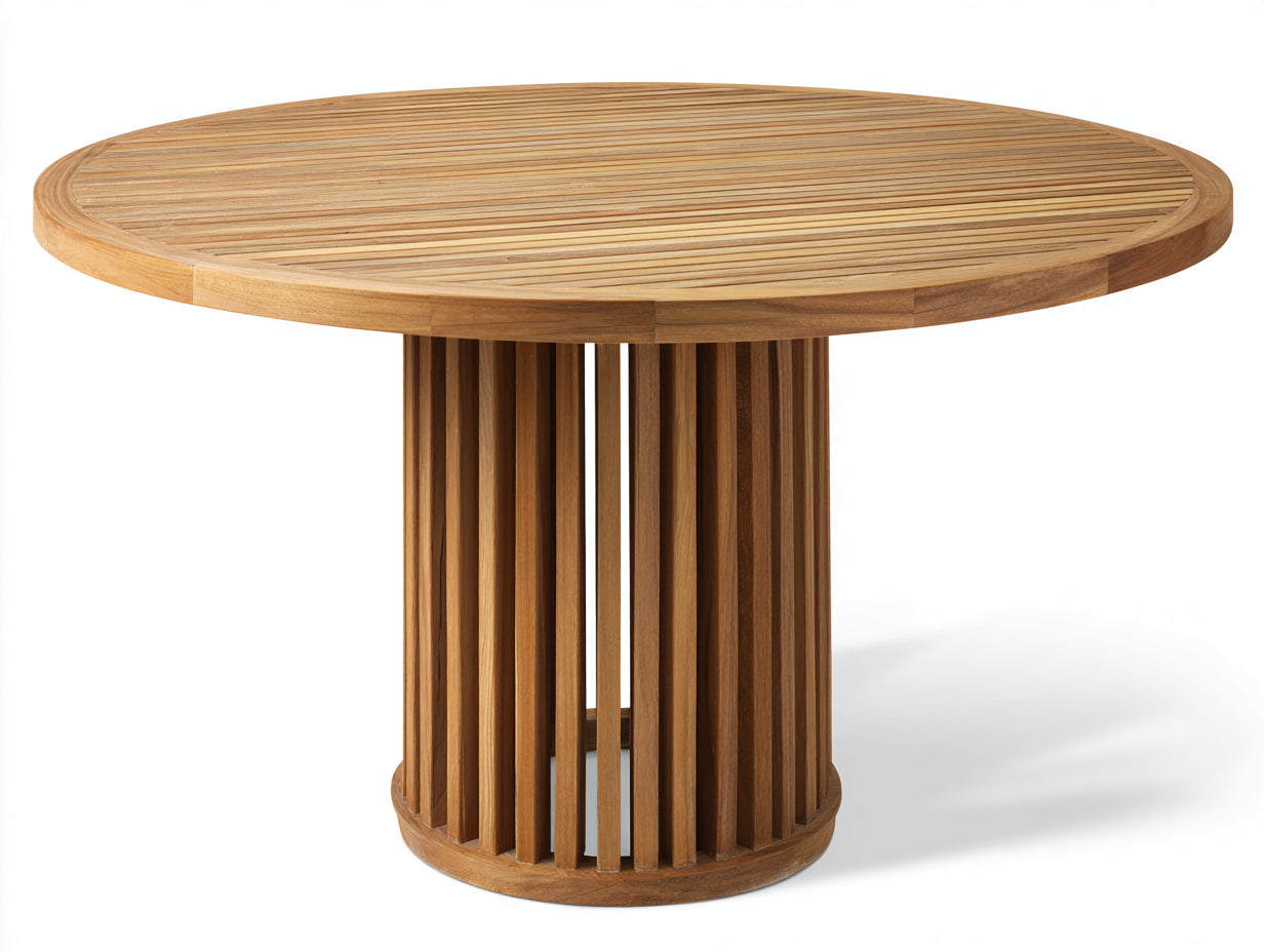 Tavolo da giardino rotondo in legno 140x140x75 cm - marrone naturale - adatto per esterno - design moderno con base a doghe