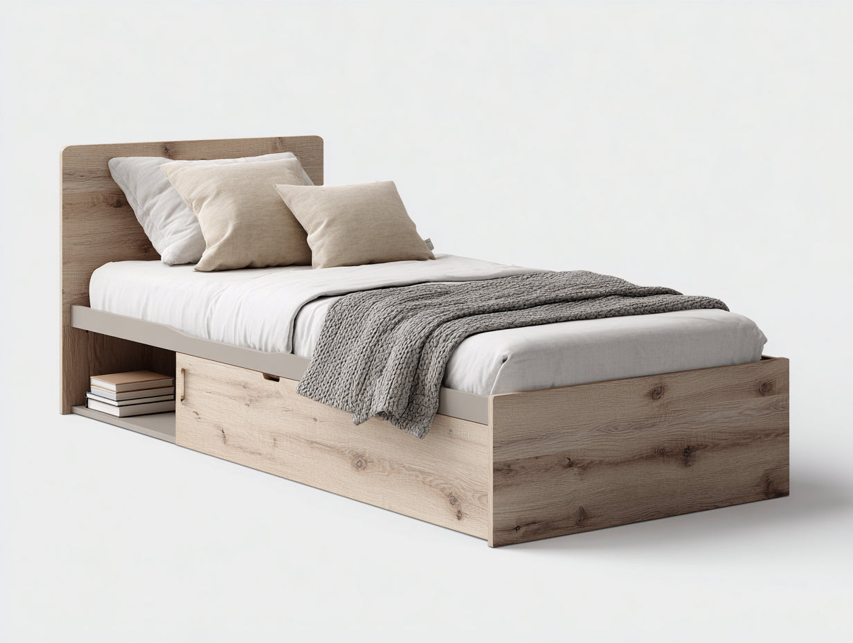 Letto singolo con contenitore in legno 208x104x96 cm - rovere chiaro - design moderno per camera da letto
