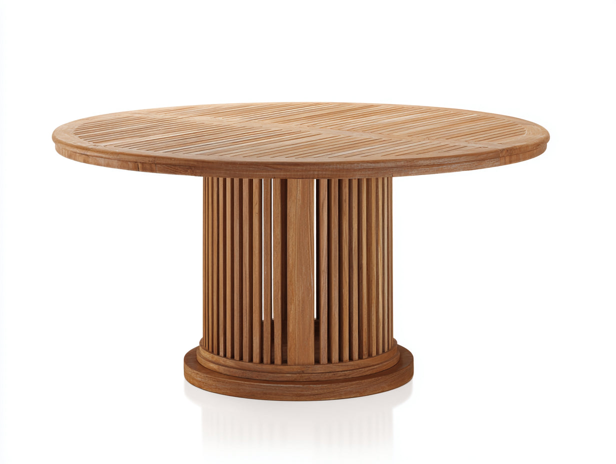 Tavolo da giardino rotondo in legno 135x135x75 cm - marrone naturale - adatto per esterno - design moderno con base a doghe